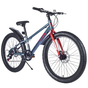 24 Inch Bike, Fat Tire Mountain Bike for Boys and Girls Ages 10+, Double Disc Brakes, 7 Speed, Kids Beach and Snow Bike - 1 of 4