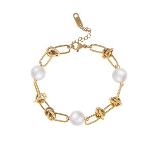 Anna-Kaci 18K Gold Plated Pearl Link Bracelet - Stainless Steel Pearl Bead Chain Bracelet Boho Chic Jewelry for Valentine's Day Birthdays - 1 of 4