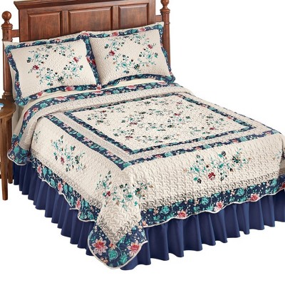 Collections Etc Felicity Multicolored Floral Diamond Ivory Quilt with Scalloped Edges and Navy Border - Microfiber Bedding