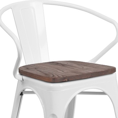 Modern Rustic White Metal Bistro Chair with Wood Seat and Arms