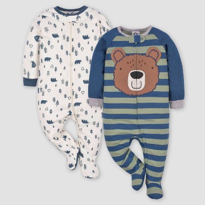 Image of Gerber Baby Boys' 2pk Zip-Front Bear Sleep N' Play - White/Forest Green/Navy Blue