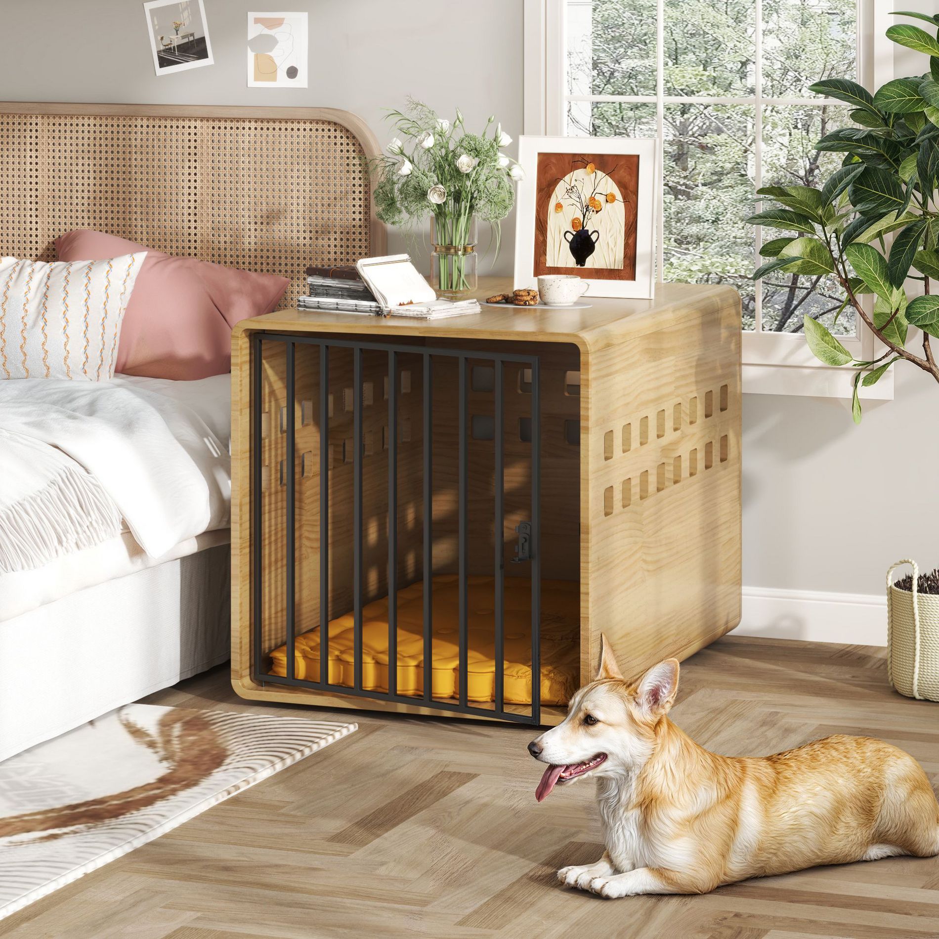Famapy Quick-Assemble Solid Wood Dog Crate: Sturdy , Stylish + Ventilated Design – Comfortable Pet Habitat for Dogs