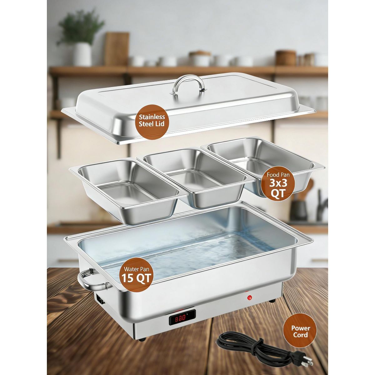 Garvee 2 Pack Electric Chafing Dish Buffet Set, 9QT Stainless Steel Food Servers and Warmers, with Temperature Control Display - thumbnail 5