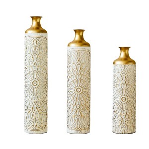 AENKYO Set of 3 Metal Tall Floor Vases, Gold Geometric Cylinder Vases with Vine Patterns -  for Living Room & Home Decor - 25"/29"/34" Height - 1 of 4