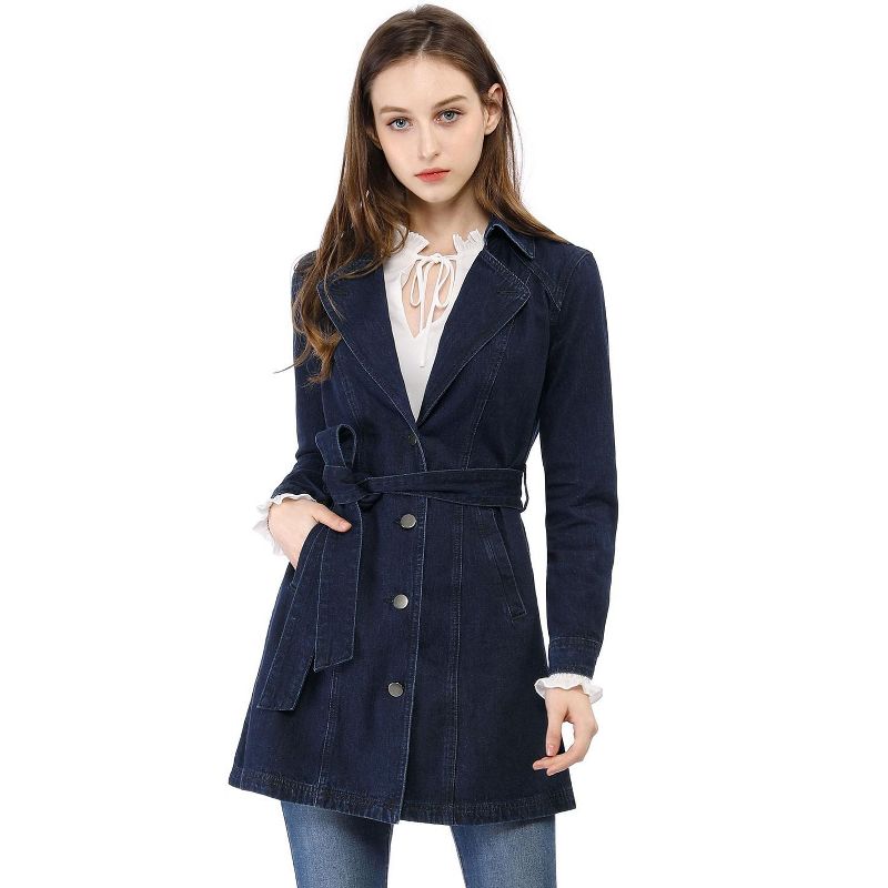 Allegra K Women's Notched Lapel Belted Trench Long Denim Jacket, 1 of 8