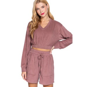 Slickblue Women's Comfy V-Neck Long Sleeve Terry Toweling Top with Elastic Hem - Color and Size Options - 1 of 4
