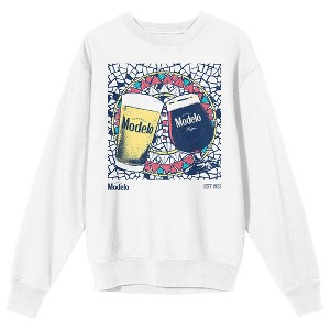 Modelo Wine, Glasses, Mosaic glass background EST 1925, Viva La Tradicion on White Long Sleeve Adult crew neck - 1 of 4