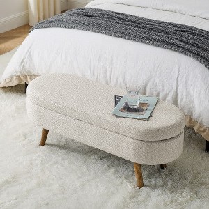 Oval Linen Storage Bench, Rubber Wood Legs, For Entryway Living Room Bedroom End Of Bed 3.6Feet - 1 of 4