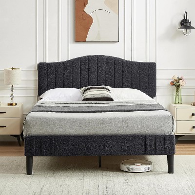 VECELO Bed Frame, Upholstered Platform Bed with Sheepskin Fabric Adjustable Headboard