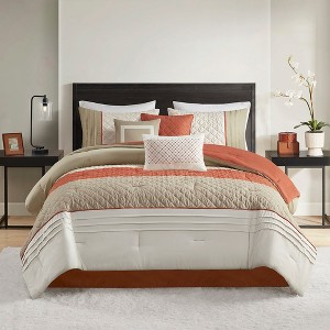 7 Pcs Elegant Color Block Stipe Design Comforter Set,All Season Home Textile Microfiber Bedding Set fits Lux Bedroom Decor,Matching Bed Skirt - 1 of 4