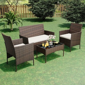 homfan 4-Piece All-Weather Wicker Patio Set, Outdoor Rattan Conversation Furniture with Cushions & Glass Table, for Garden, Porch, Poolside - 1 of 4