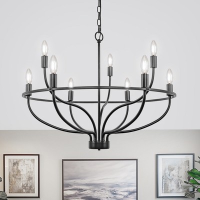 DORESshop 9-Light Black Large Circle Chandelier, 28.5-Inch Round Ring Wagon Wheel Pendant Light for Dining Room or Living Room