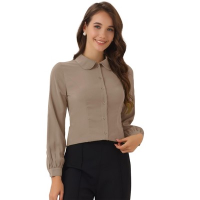 Allegra K Women's Work Peter Pan Collar Long Bishop Sleeve Button Down Shirt