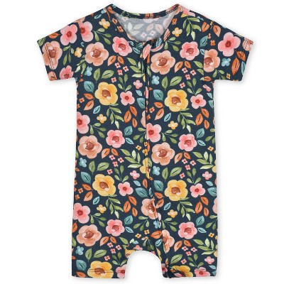 Image of Gerber Buttery-Soft Snug Fit Short Sleeve Romper - Midnight Floral - 6-9 Months
