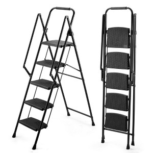 NAYSAYE 5-Step Folding Ladder Stool with Anti Slip Wide Pedals Safety Handle Lightweight Steel Ladder 330lb Capacity, Black, 18"*35"*63.9" - 1 of 4