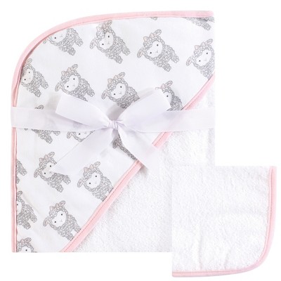 Image of Hudson Baby Infant Girl Cotton Hooded Towel and Washcloth 2pc Set, Little Lamb, One Size