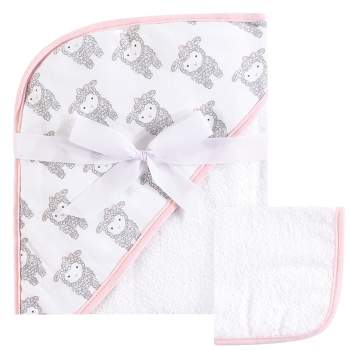 Hudson Baby Infant Girl Cotton Hooded Towel and Washcloth 2pc Set, Little Lamb, One Size