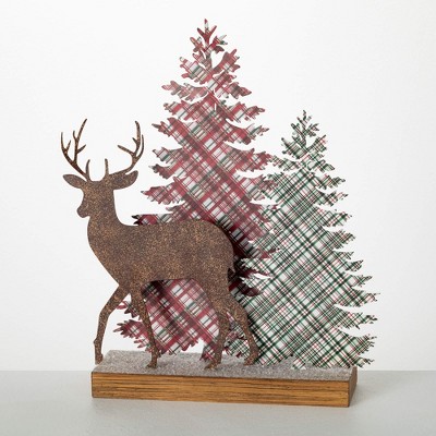 16.25"H Sullivans Christmas Plaid Tabletop Deer Scene Brown Indoor Christmas Decor