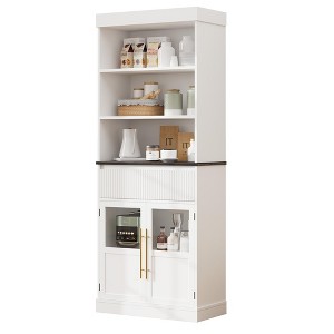 70" Kitchen Pantry Cabinet, Tall Bookcase with Open Shelves and Fluted Drawer, Floor Standing Bookshelf with Glass Doors - 1 of 4