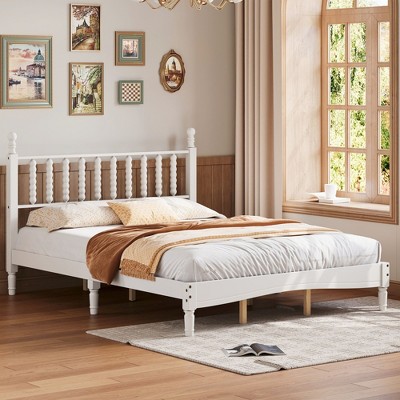 NicBex Retro Style Queen Wood Platform Bed Frame with Gourd Shaped Headboard,Solid Wood Slats Support,No Box Spring Needed,Easy Assembly,Walnut/White