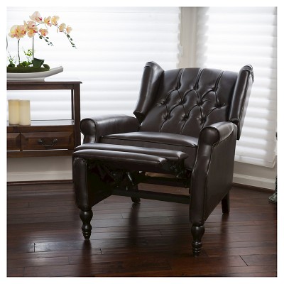 Brown Tufted Leather Wingback Recliner with Wood Legs