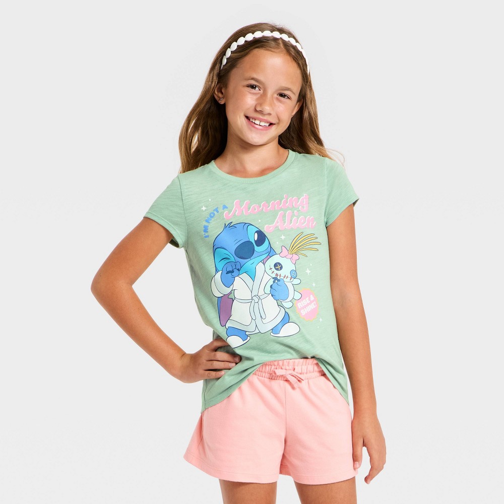 Girls' Lilo & Stitch 'Not A Morning Alien' Short Sleeve Graphic T-Shirt - Green XL