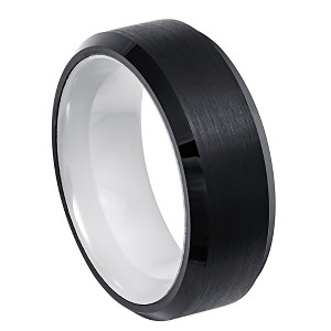 Jewelry Avalanche 8mm Beveled Black & White IP Ceramic Sleeve Tungsten Carbide Mens Wedding Band - 1 of 4