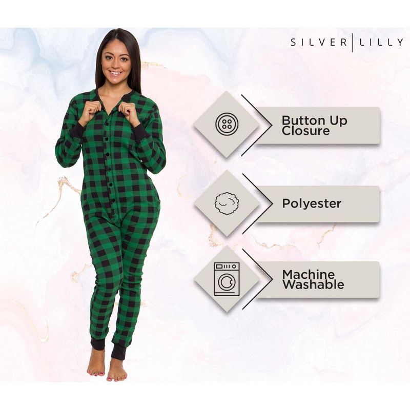 Silver Lilly - Slim Fit Women's Buffalo Plaid One Piece Pajama Union Suit with Functional Panel, 5 of 8