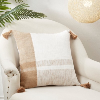 Beige and White Cotton Checkered 20" Throw Pillow with Tassels