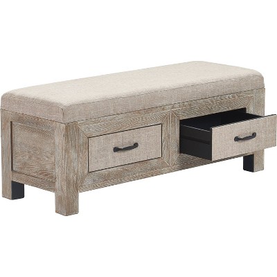 Weathered Ash Cottage-Inspired Upholstered Storage Bench with Black Metal Accents