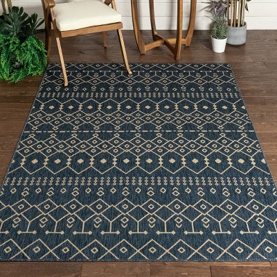 Blue and Beige Synthetic Flat-Weave Indoor/Outdoor Rug 6' x 9'