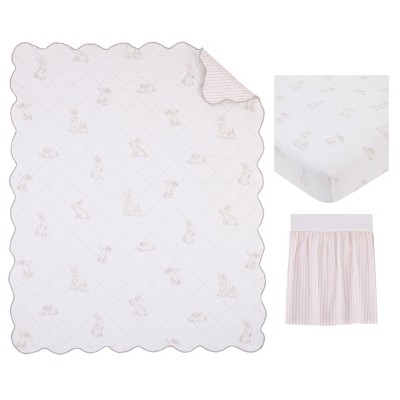 Image of NoJo Sweet Bunny Pink, White, and Taupe 100% Cotton 3 Piece Nursery Crib Bedding Set - Quilt, Fitted Crib Sheet, and Crib Skirt