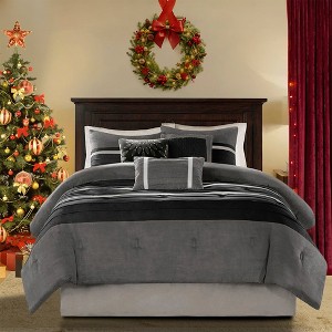 7 Pcs Bed in a Bag Luxury Faux Suede Design Premium Comforter Set, Striped Accent All Season Bedding, Royal Vintage Style Bed Set with Pillow Cases - 1 of 4