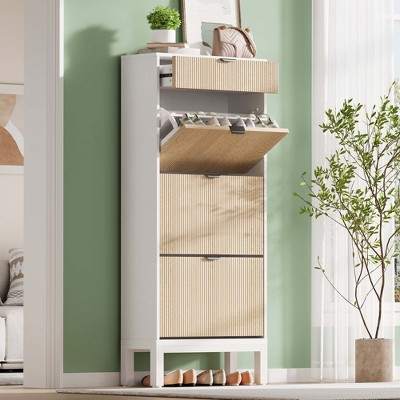 Shoe Storage Cabinet with 3 Flip Drawers & Large Drawer, Farmhouse Fluted Shoe Organizer with Metal Legs