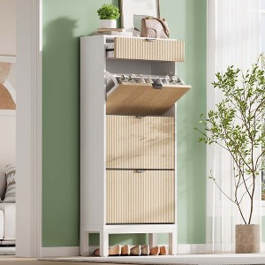 Shoe Storage Cabinet with 3 Flip Drawers & Large Drawer, Farmhouse Fluted Shoe Organizer with Metal Legs - 1 of 4
