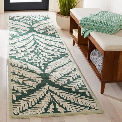 Hand-Tufted Dark Green and Ivory Wool Runner Rug, 2'3" x 9'