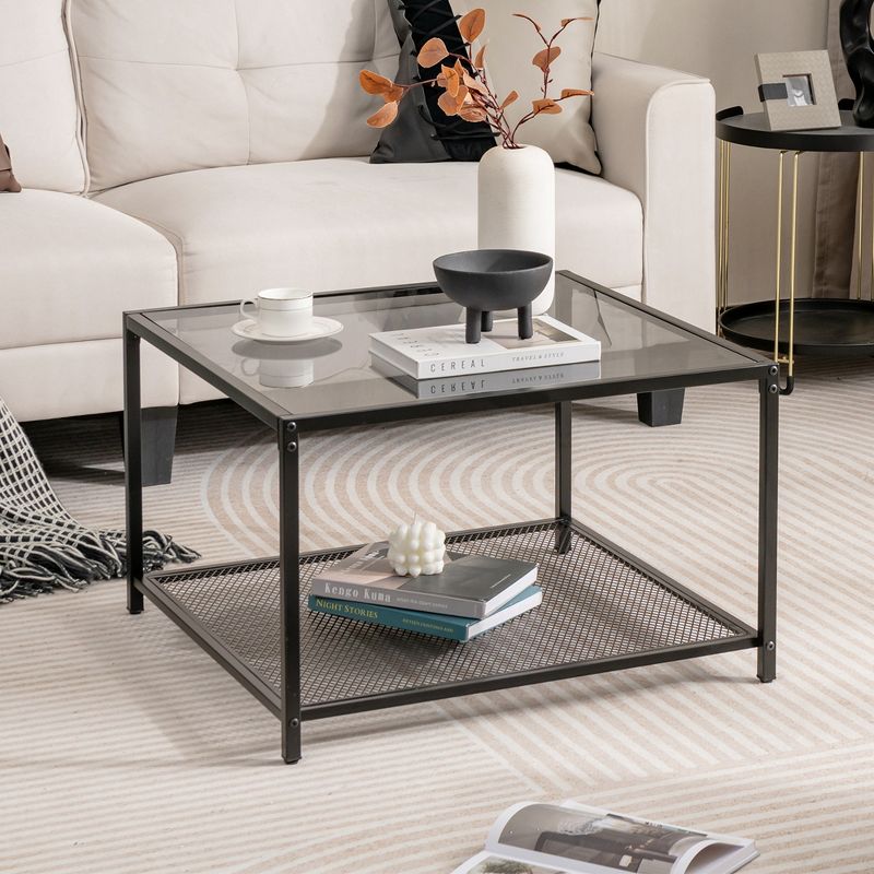Costway Glass Coffee Table 27.5 Inch 2-Tier Square with Mesh Shelf Living Room Grey/Transparent, 2 of 11