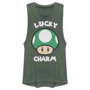 Juniors Womens Nintendo Super Mario St. Patrick's Day Extra Life Mushroom Lucky Charm Festival Muscle Tee - 1 of 4