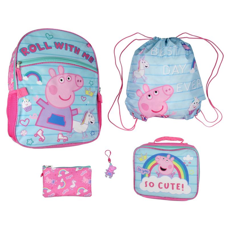 Peppa Pig Backpack Lunch Box Drawstring Bag Keychain Pencil Case 5 Piece Set Multicoloured, 1 of 7