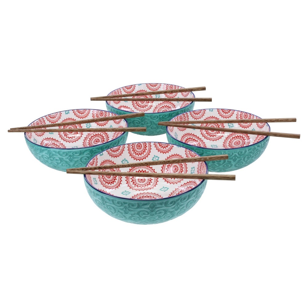 BIA Cordon Bleu Set of 4 7.25" Sigrid Bowls Turquoise with Jichimu Wood Chopsticks