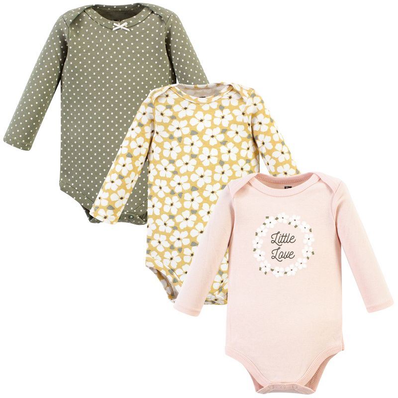 Hudson Baby Infant Girl Cotton Long-Sleeve Bodysuits, Sage Floral Wreath 3 Pack, 1 of 6