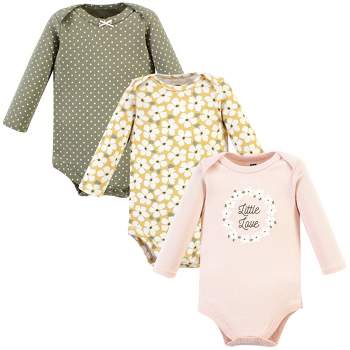 Hudson Baby Infant Girl Cotton Long-Sleeve Bodysuits, Sage Floral Wreath 3 Pack