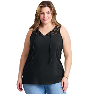 Avenue Women's Plus Size Lace Yoke Detail Tank - 1 of 4