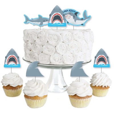 Big Dot of Happiness Shark Zone - Dessert Cupcake Toppers - Jawsome Shark Viewing Week Party or Birthday Party Clear Treat Picks - Set of 24