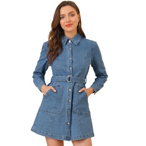 INSPIRE CHIC Women's Belted Turn Down Collar Button Down Denim Dress - 1 of 4