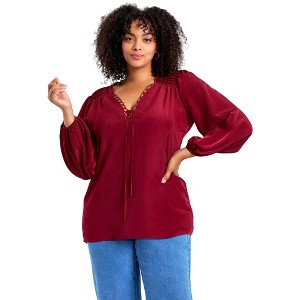 Avenue Women's Plus Size Scallop Trim Peasant Blouse - 1 of 4