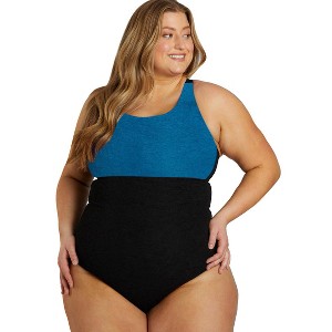 Sporti Sporti Plus Size Textured Chlorine Resistant High Neck Colorblock One Piece Slimsuit II Black/Teal 26W - 1 of 4
