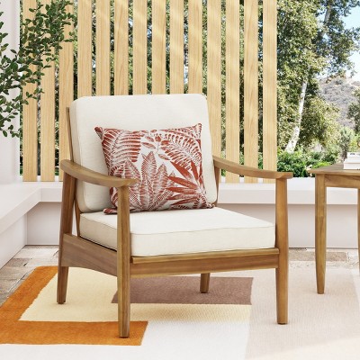 1 Piece Acacia Wood Club Chair,Fabric Upholstered Armrests Chair,Patio Club Chair With Open Slat Backrest And Wood Frame-Coolbibila