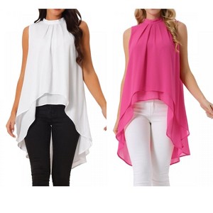 INSPIRE CHIC Women's Casual Tie Back Asymmetrical High Low Sleeveless Mock Neck Flowy Blouse 2 Packs - 1 of 4