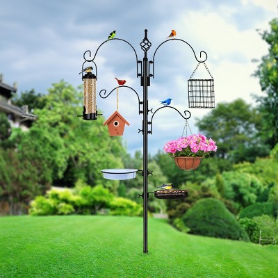 Tall Black Metal Bird Feeding and Bath Station with Hooks